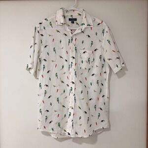Club Room Tropical Bird Print Shirt Mens Small White Linen Blend | Coastal